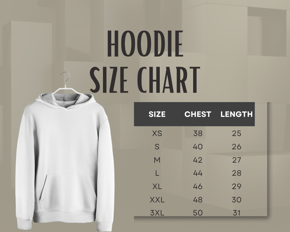 Hoodie size chart with a plain hoodie on a hanger against a neutral background