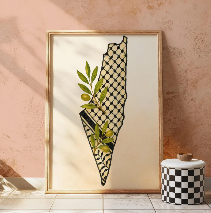 Palestine Map Watercolor Art Print: Keffiyeh & Olive
